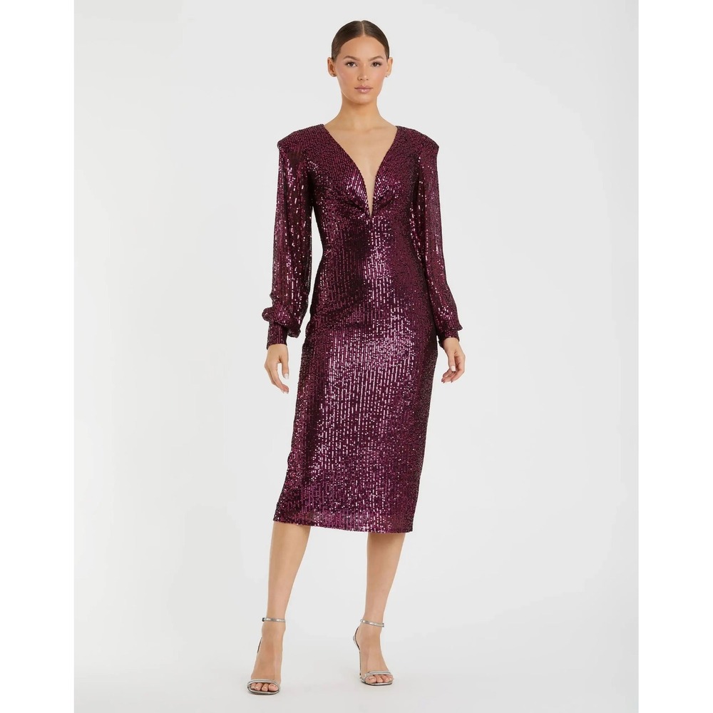Plum Sequin V-Neck Midi Dress